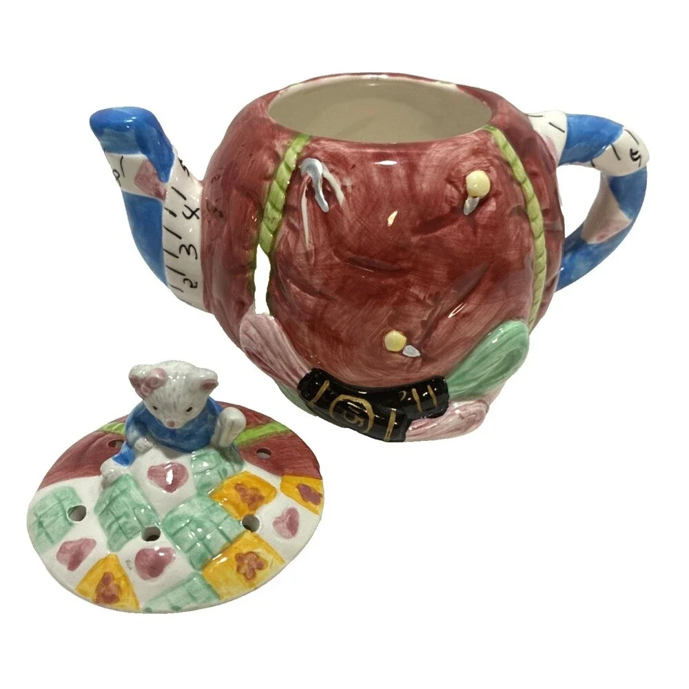 Vintage LEFTON China Tea Pot Ceramic Mouse Sewing Basket Theme - Hand Painted
